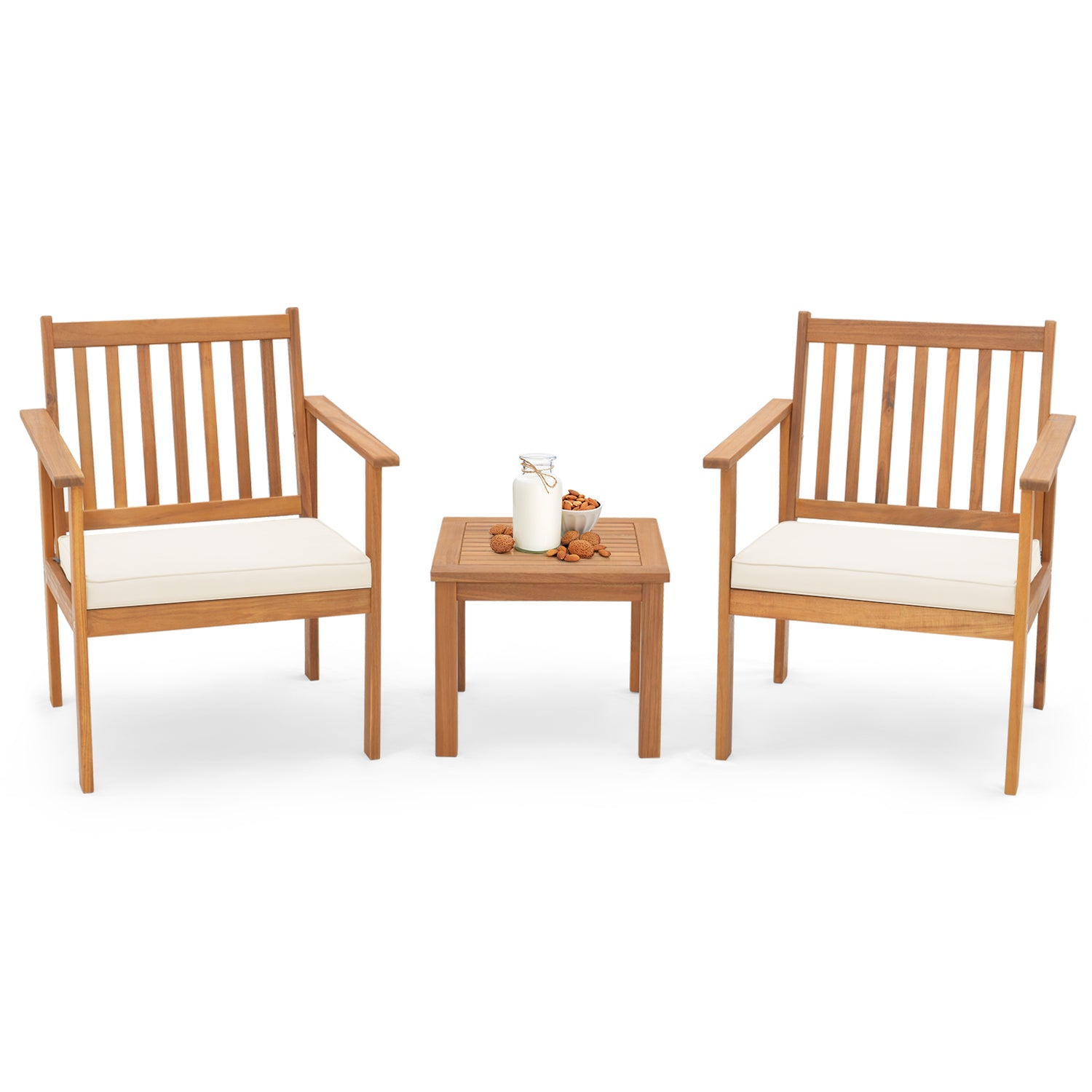 3 Pieces Patio Wood Furniture Set with soft Cushions for Porch