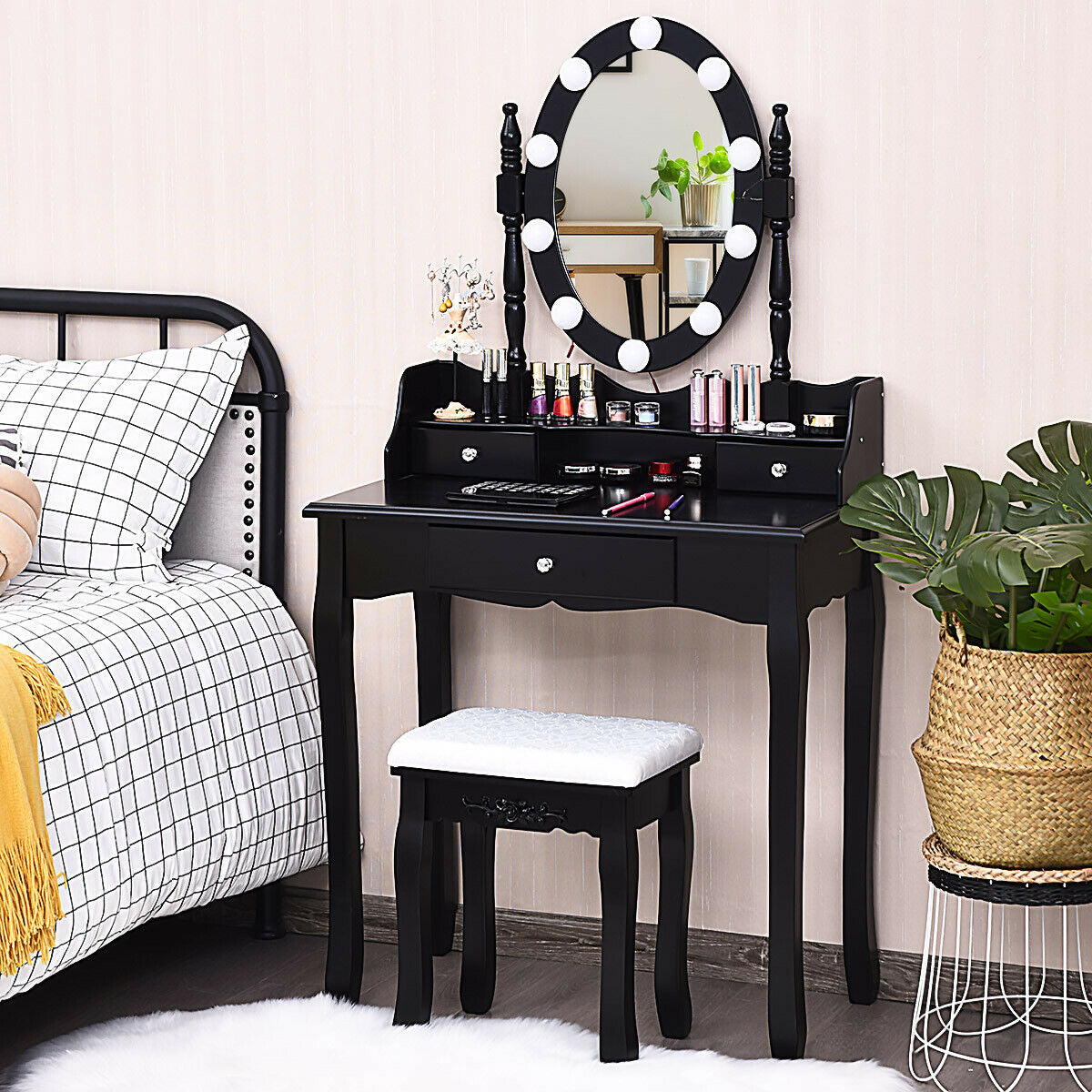 Oval Mirror Vanity Set  with 10 LED Dimmable Bulbs and 3 Drawers
