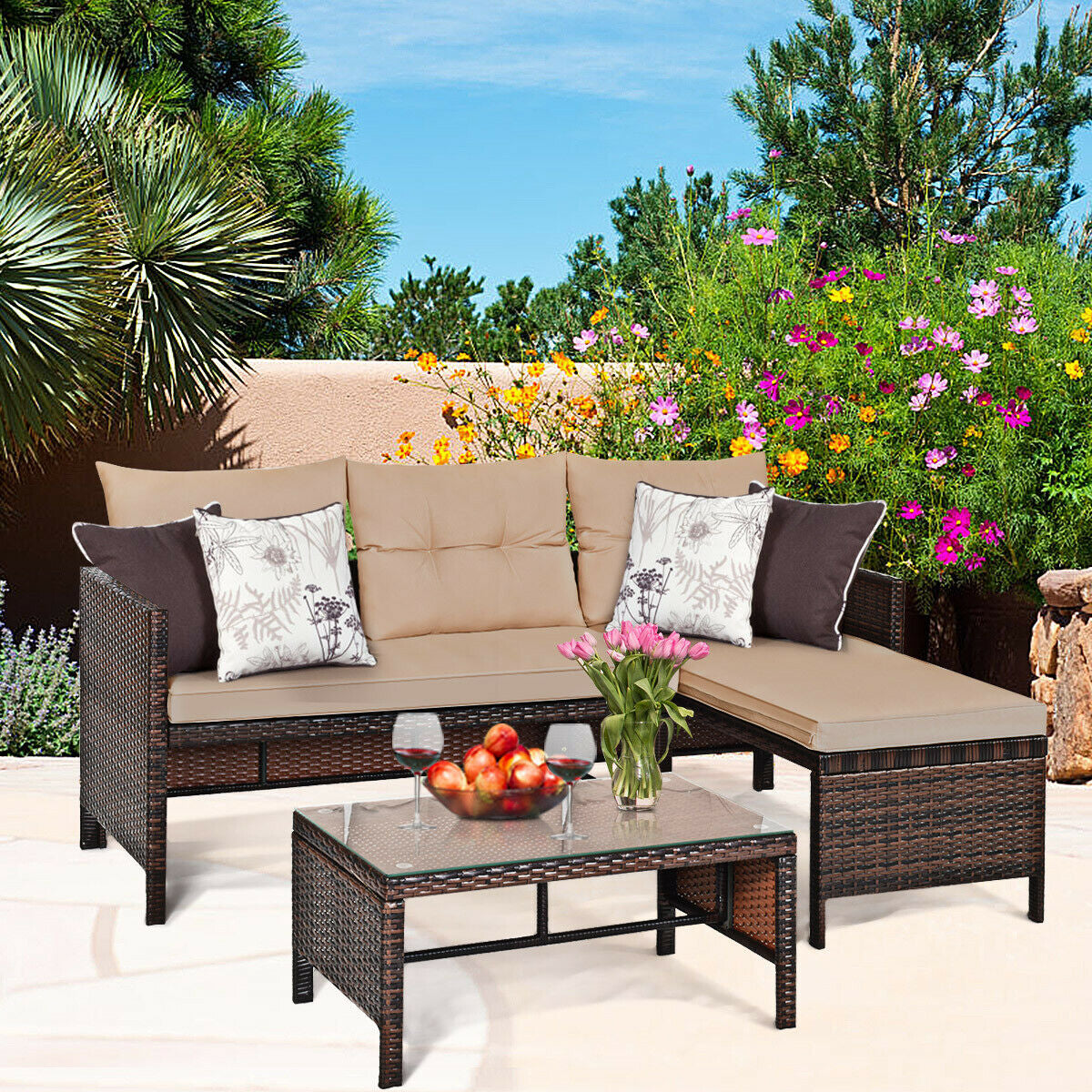 3 Pieces Patio Wicker Rattan Sofa Set