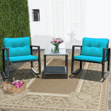 3 Pcs Wicker Rocking Bistro Set with Glass Coffee Table and Storage Shelf