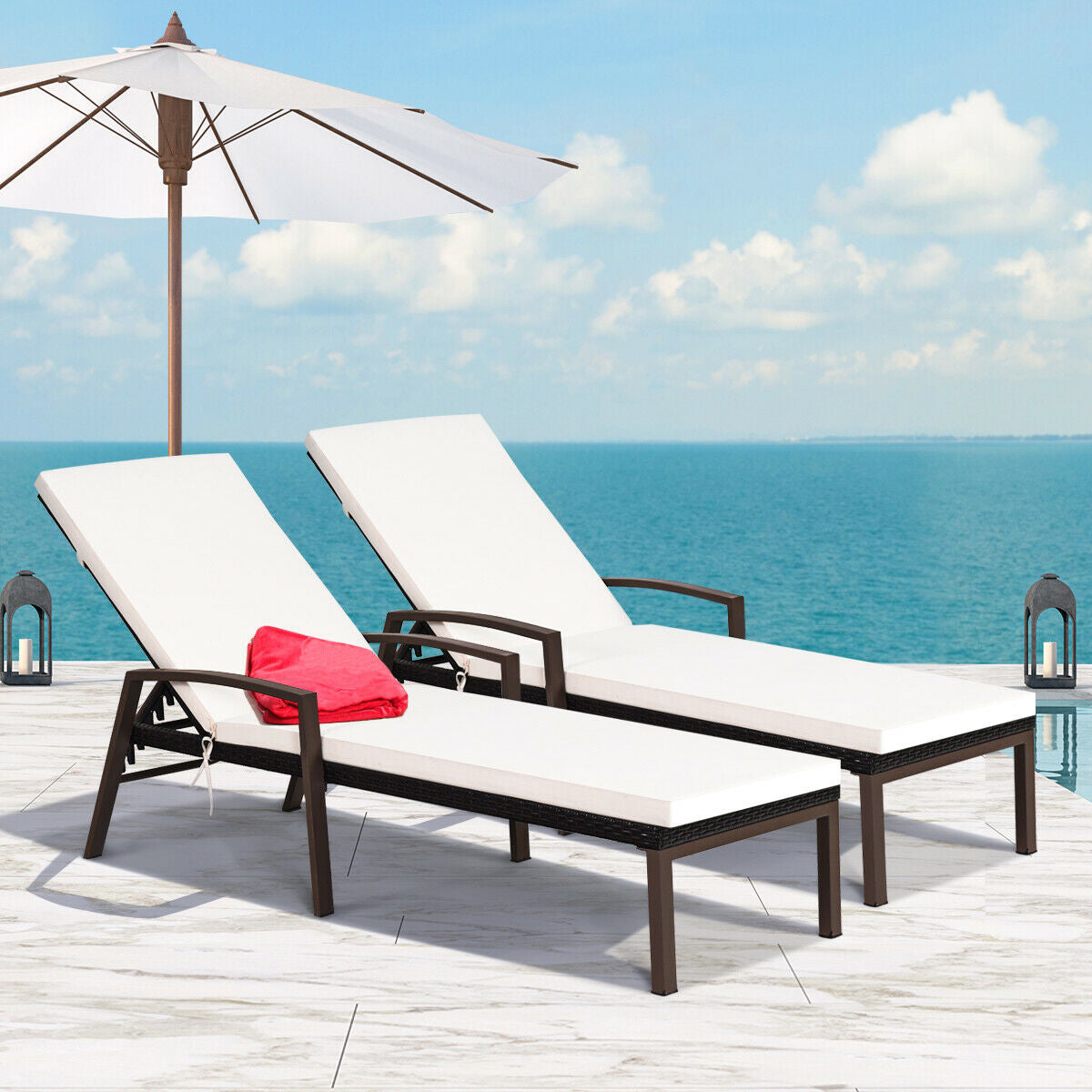 2 Pieces Patio Rattan Adjustable Back Lounge Chair with Armrest and Removable Cushions