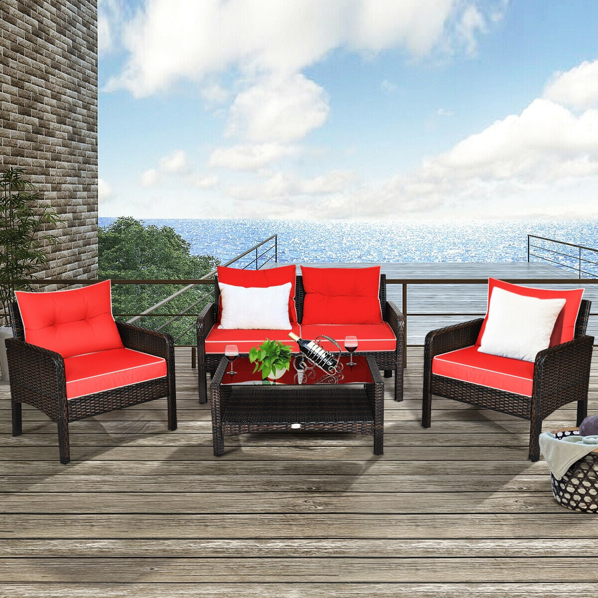 4 Pieces Outdoor Rattan Wicker Loveseat Furniture Set with Cushions
