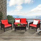 4 Pieces Outdoor Rattan Wicker Loveseat Furniture Set with Cushions