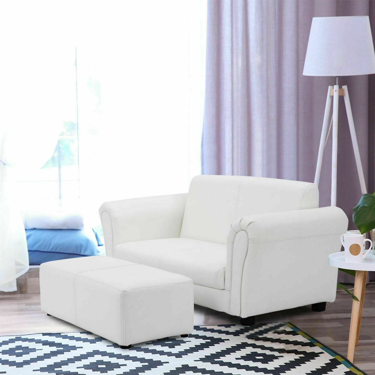 Black/White Kids Double Sofa with Ottoman