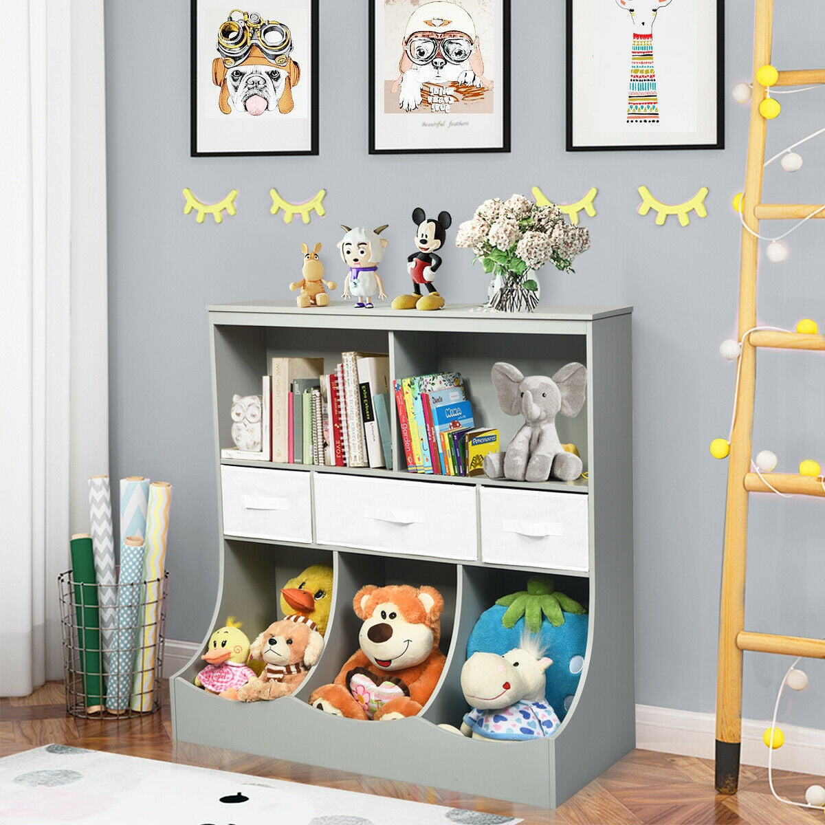 Freestanding Combo Cubby Bin Storage Organizer Unit W/3 Baskets