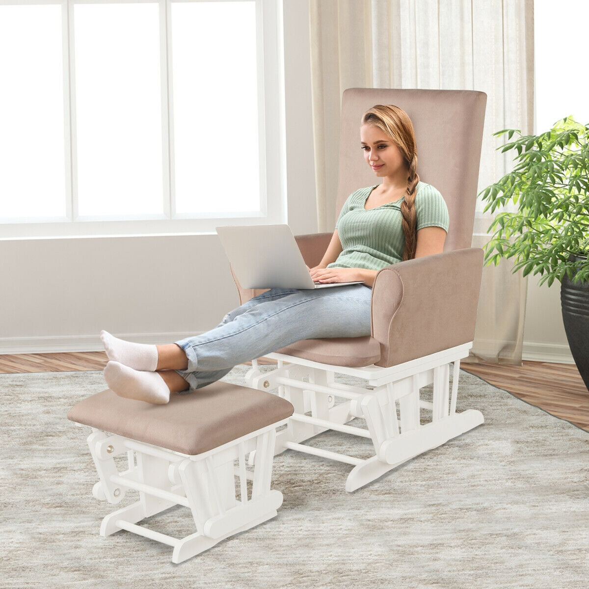 Baby Nursery Relax Rocker Rocking Chair Glider & Ottoman Set-Pink