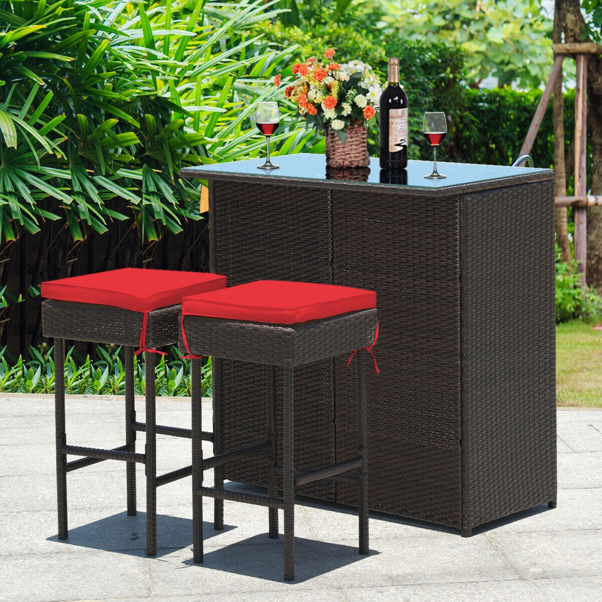3-piece Rattan Wicker Bar Table Stools Dining Set Cushioned Chairs