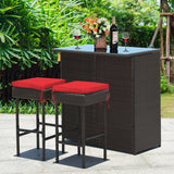 3-piece Rattan Wicker Bar Table Stools Dining Set Cushioned Chairs