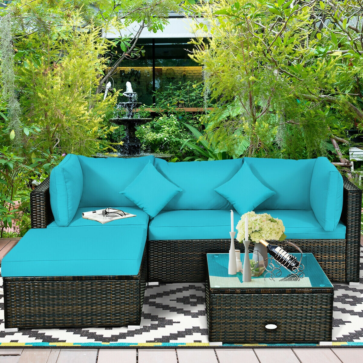 5 Pieces Outdoor Patio Rattan Furniture Set With Cushions