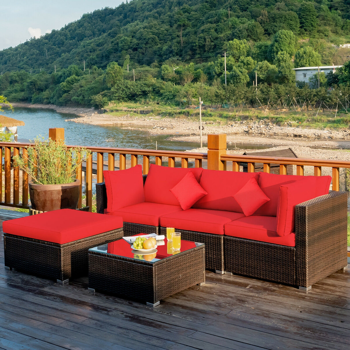 5 Pieces Outdoor Patio Rattan Furniture Set With Cushions