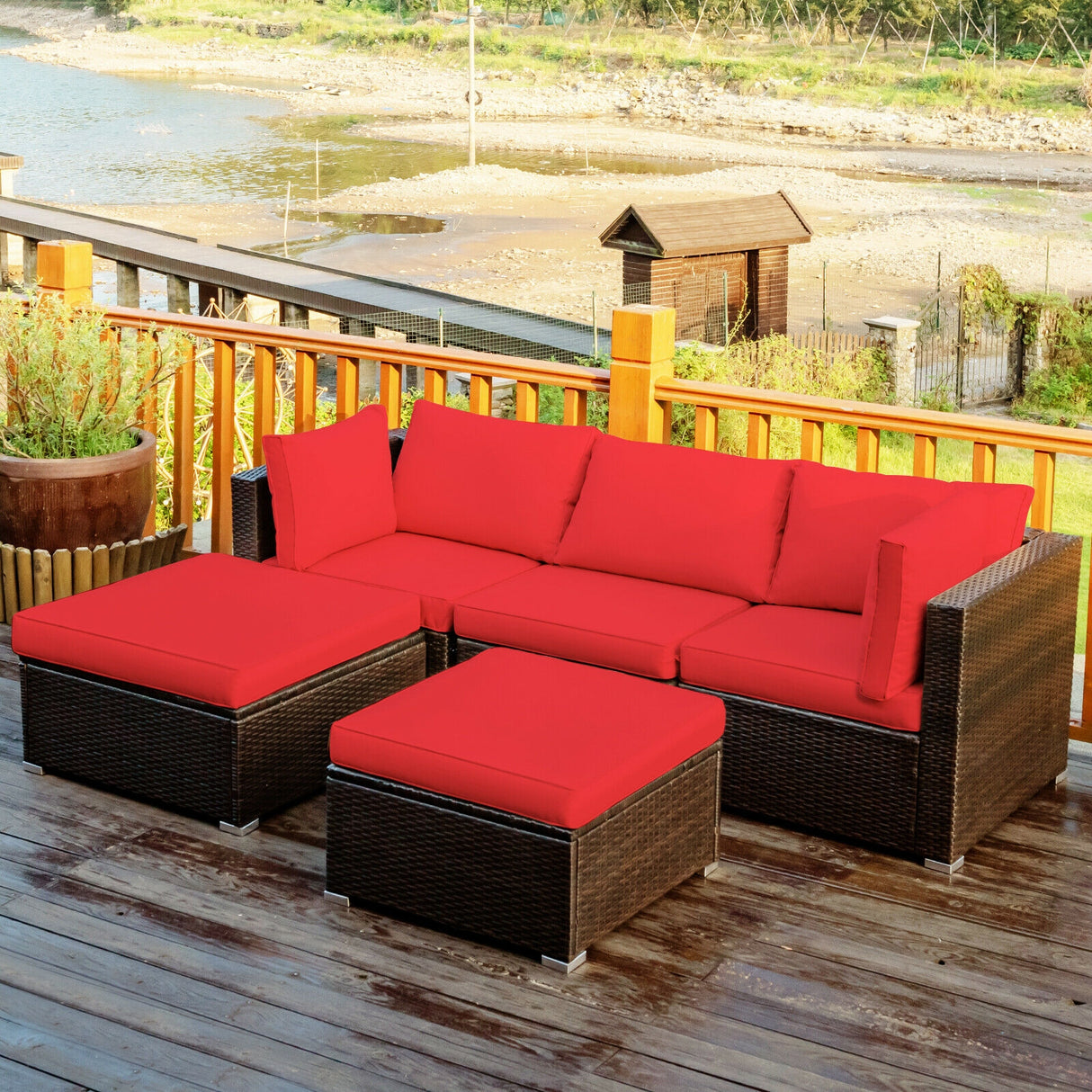 5 Pieces Patio Rattan Sectional Conversation Ottoman Furniture Set