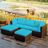 5 Pieces Patio Rattan Sectional Conversation Ottoman Furniture Set