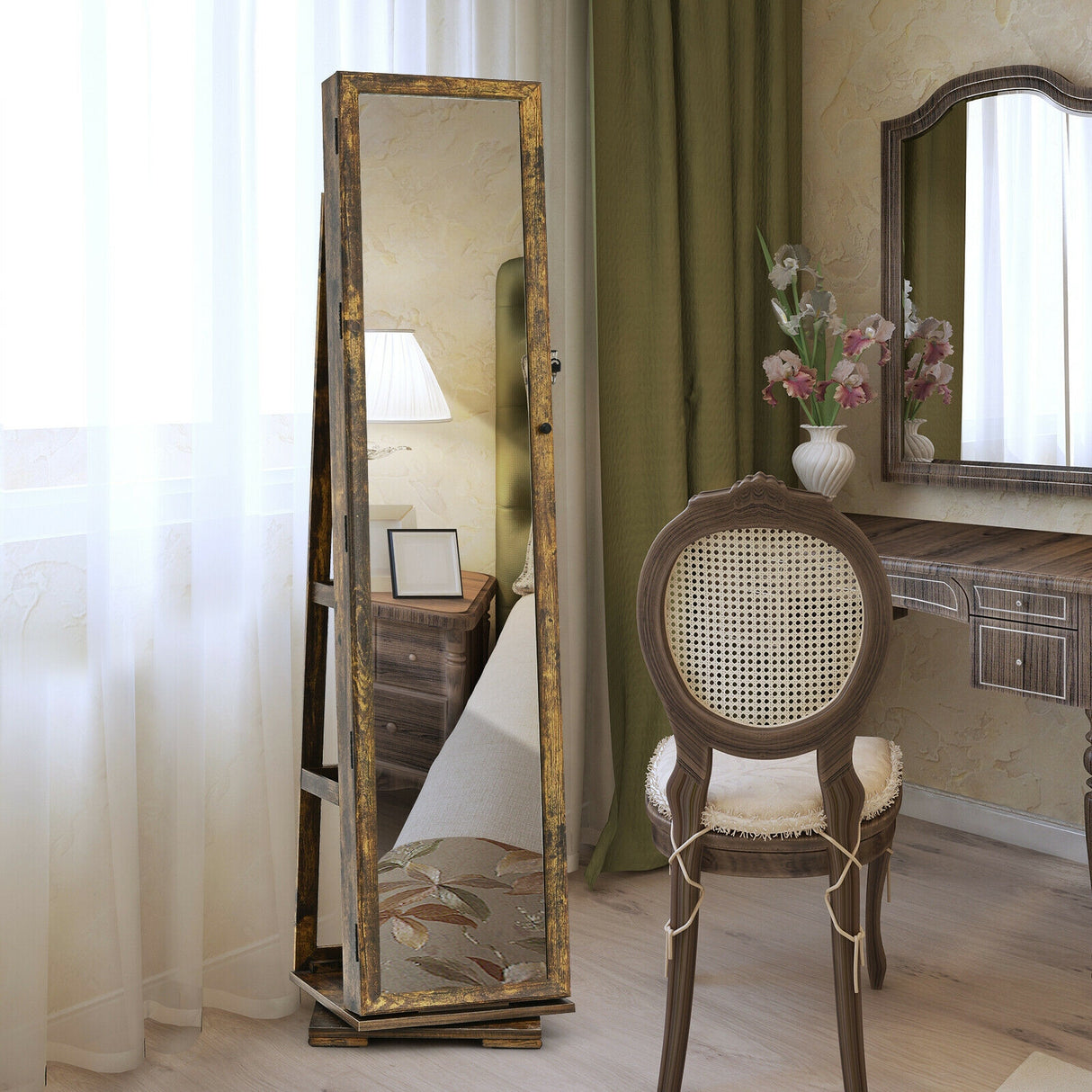 360Â° Rotatable 2-in-1 Lockable Jewelry Cabinet with Full-Length Mirror