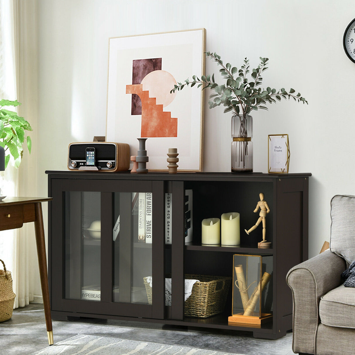 Kitchen Storage Cabinet with Glass Sliding Door