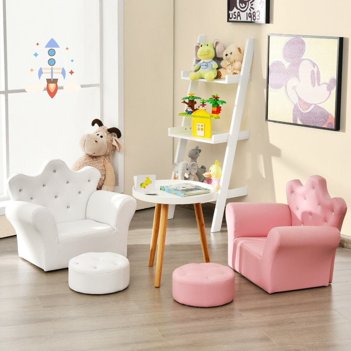 Pink Kids Sofa Armrest Couch with Ottoman