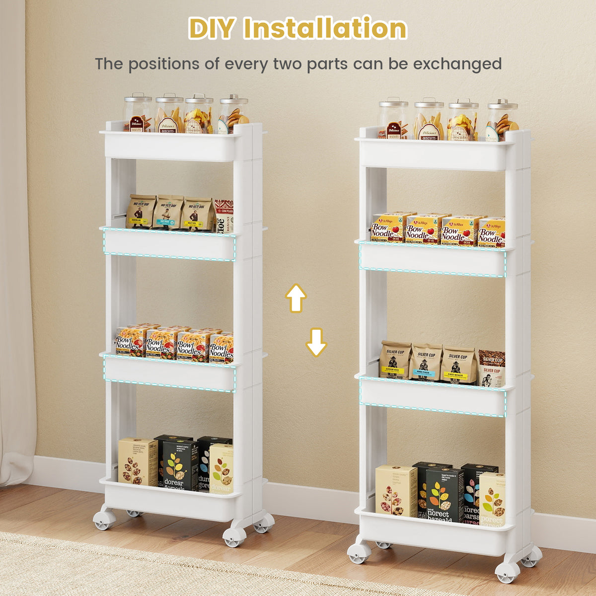 3/4-Tier Rolling Utility Cart with Detachable Trays and Smooth Wheels-3/Wheels-4
