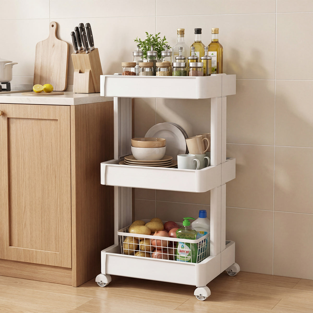 3/4-Tier Rolling Utility Cart with Detachable Trays and Smooth Wheels-3/Wheels-4