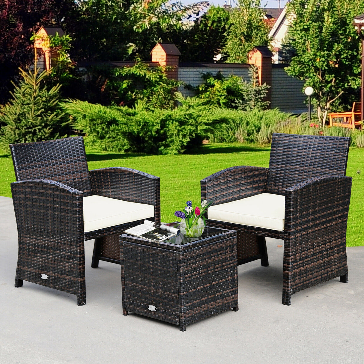 3 Pieces PE Rattan Wicker Furniture Set with Cushion Sofa Coffee Table for Garden