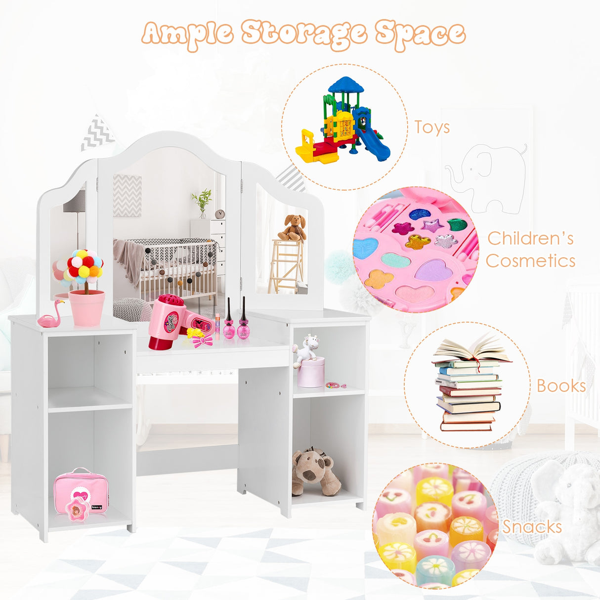Kids Tri Folding Mirror Makeup Dressing Vanity Table Set