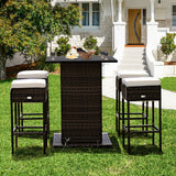 5 Pieces Patio Rattan Bar Table Stool Set Hidden Storage Shelf Cushioned
