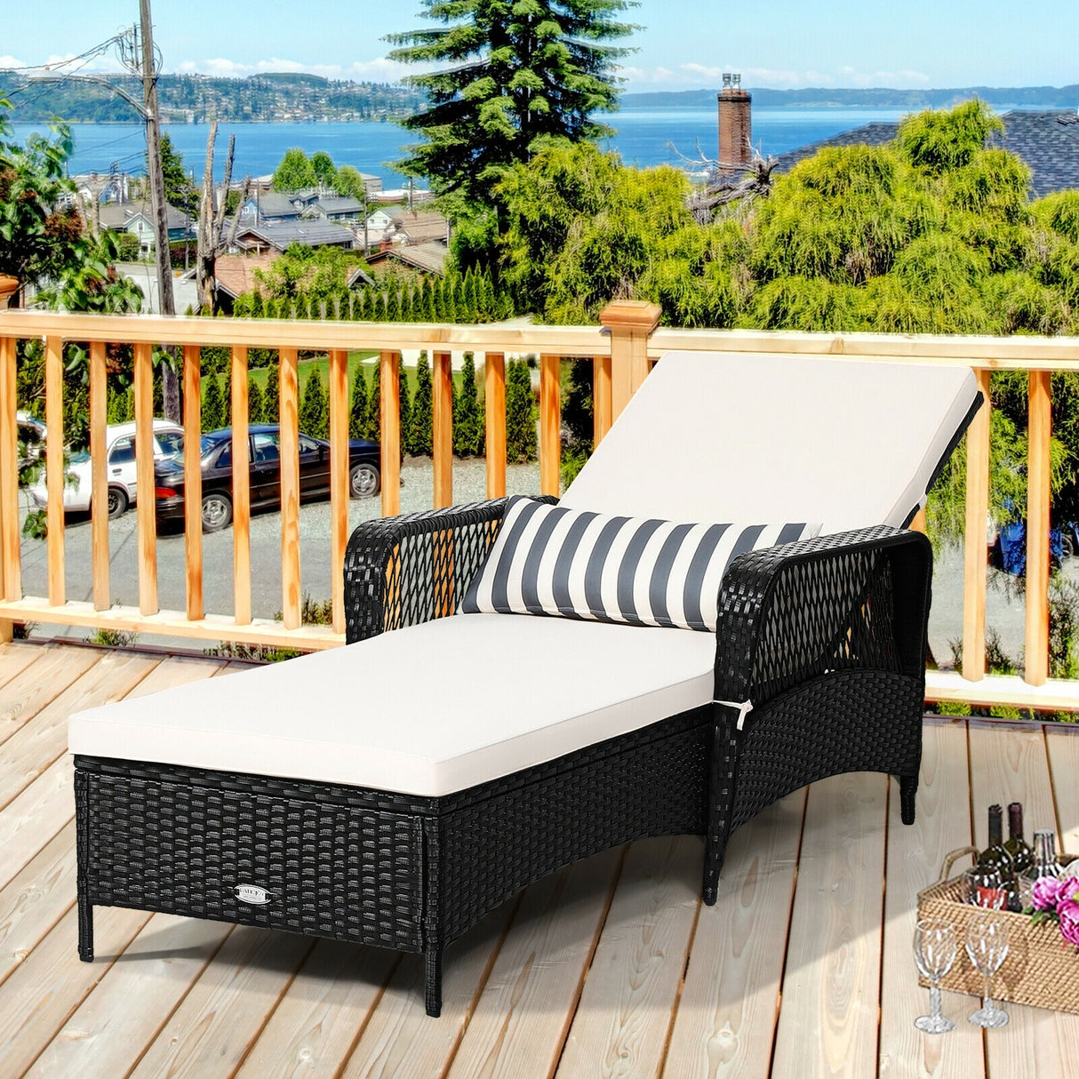 PE Rattan Chaise Lounge Chair Arm Chair Recliner Adjustable with Pillow