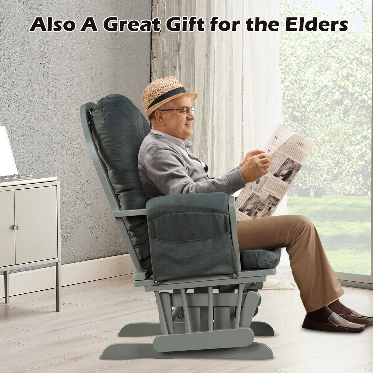 Wood Glider and Ottoman Set with Padded Armrests and Detachable Cushion
