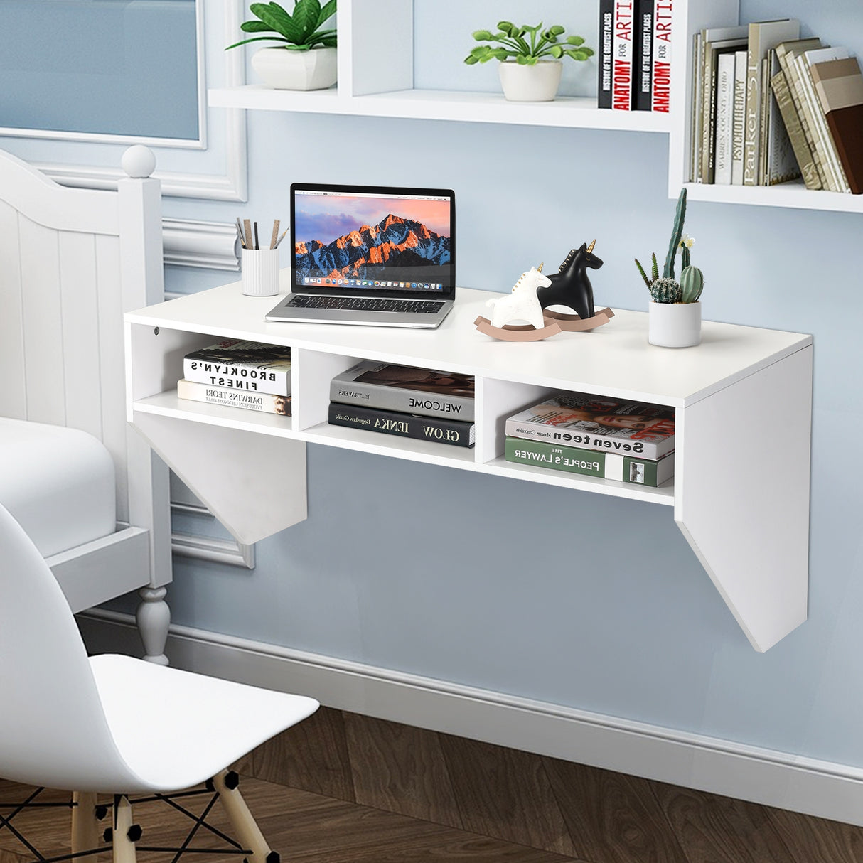 Wall Mounted Floating Sturdy Computer Table with Storage Shelf