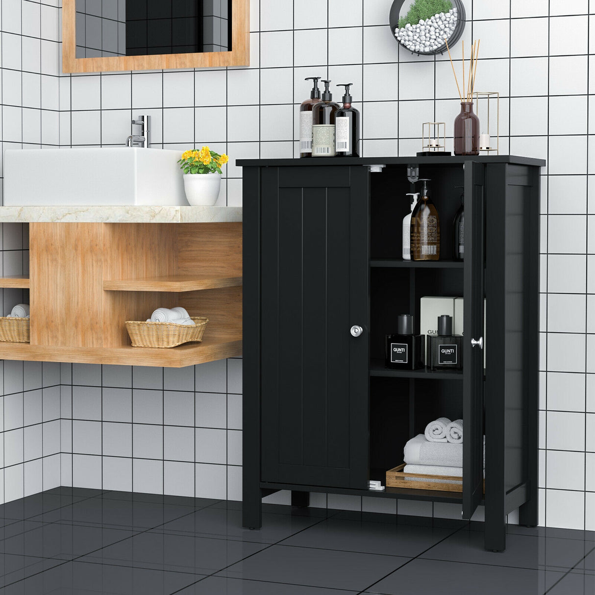 2-Door Bathroom Floor Storage Cabinet with Adjustable Shelf