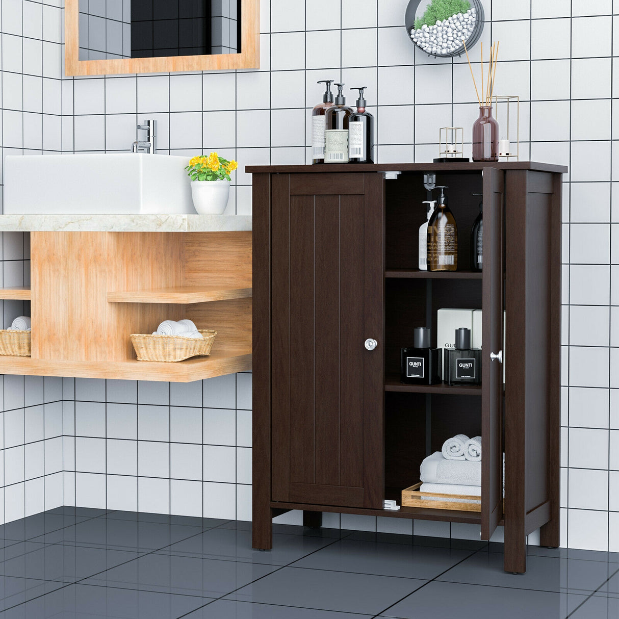 2-Door Bathroom Floor Storage Cabinet with Adjustable Shelf