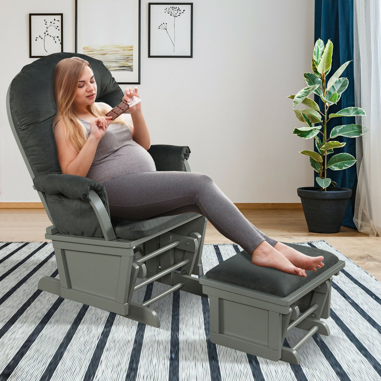 Baby Nursery Wooden Rocking Chair with Armrests and Cushion-Dark Gray