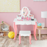 Kids Vanity Princess Makeup Dressing Table Stool Set with Mirror and Drawer