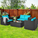 4 Pieces Patio Rattan Conversation Set with Cushions and Coffee Table