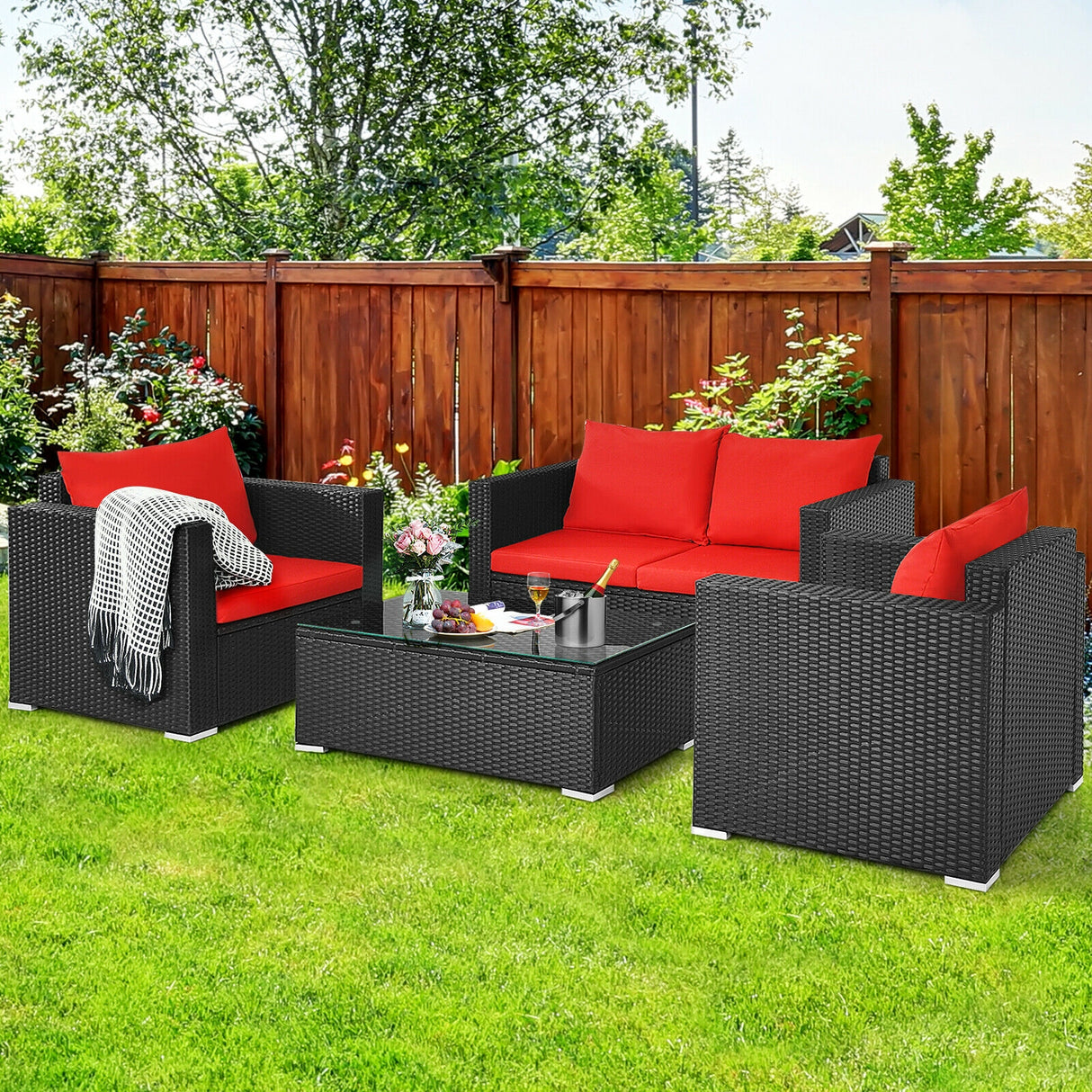 4 Pieces Patio Rattan Conversation Set with Cushions and Coffee Table