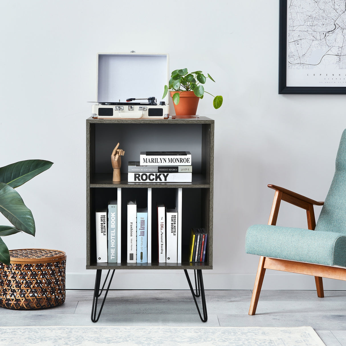 Freestanding Record Player Stand Storage Cabinet with Metal Legs