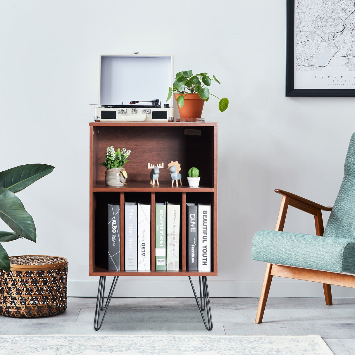 Freestanding Record Player Stand Storage Cabinet with Metal Legs