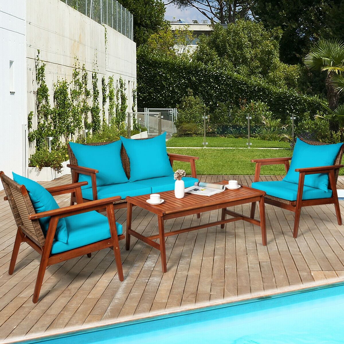 4 Pieces Acacia Wood Patio Rattan Furniture Set with Zippered Cushions