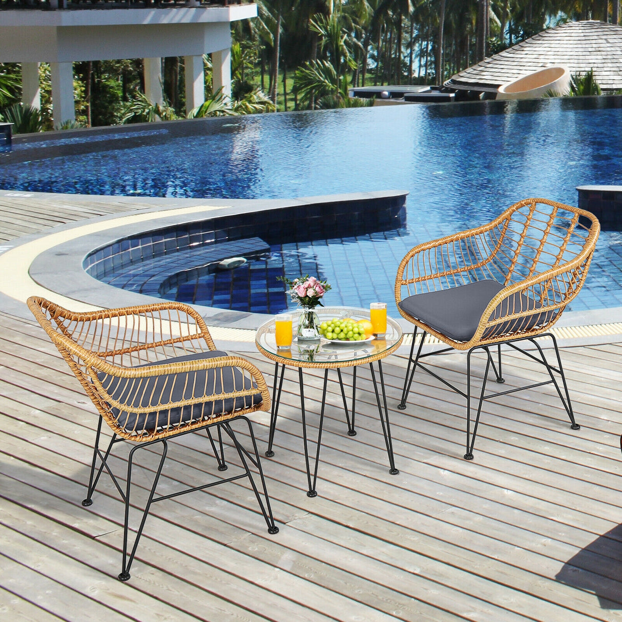 3 Pieces Rattan Furniture Set with Cushioned Chair Table