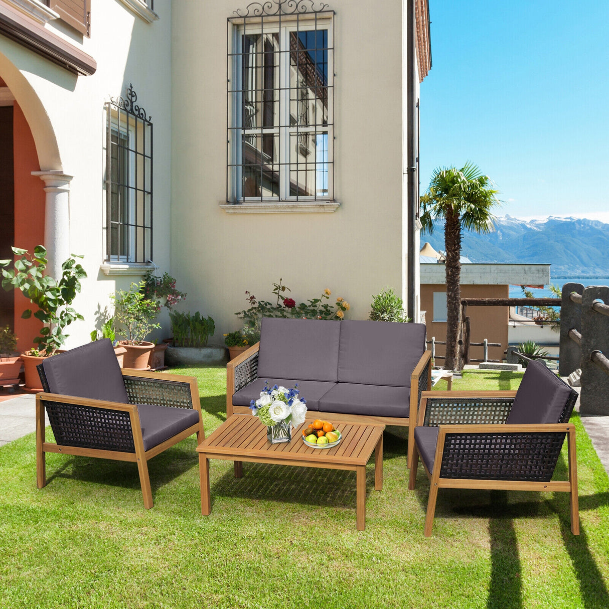 4 Pieces Patio Rattan Furniture Set with Removable Cushions