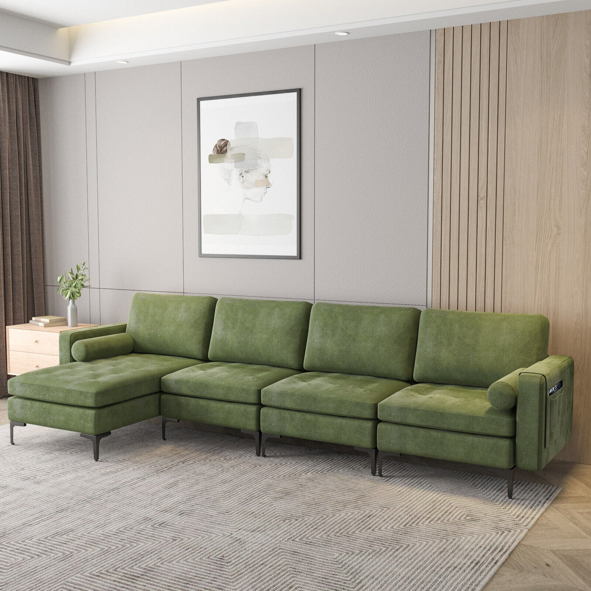 Modular L-shaped 4-Seat Sectional Sofa with Reversible Chaise and 2 USB Socket