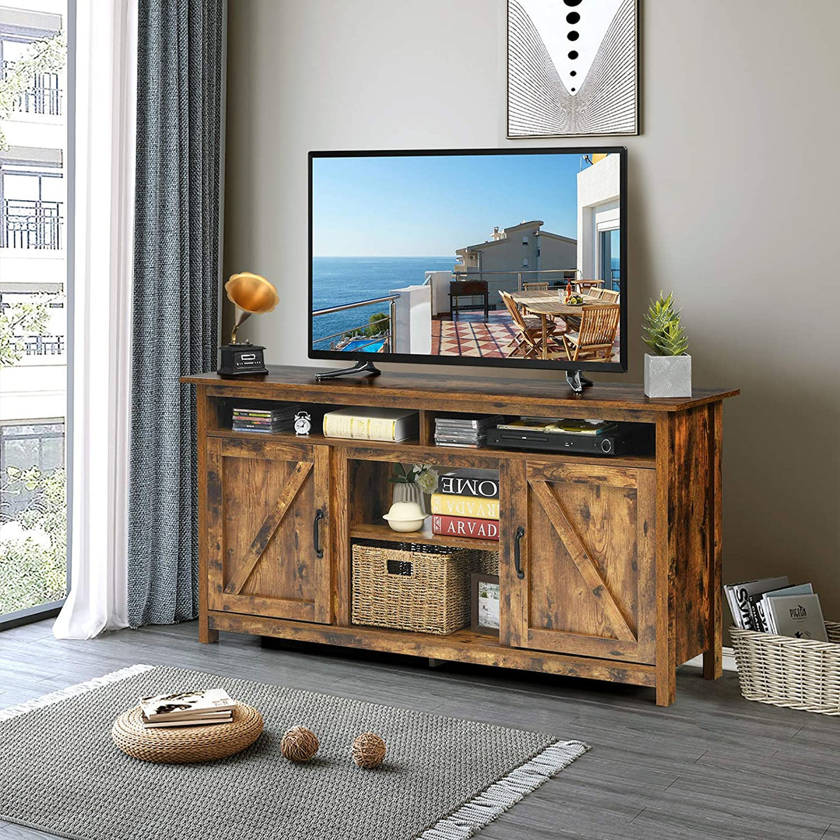 60"Industrial TV Stand Entertainment Center with Shelve and Cabinet-Brown