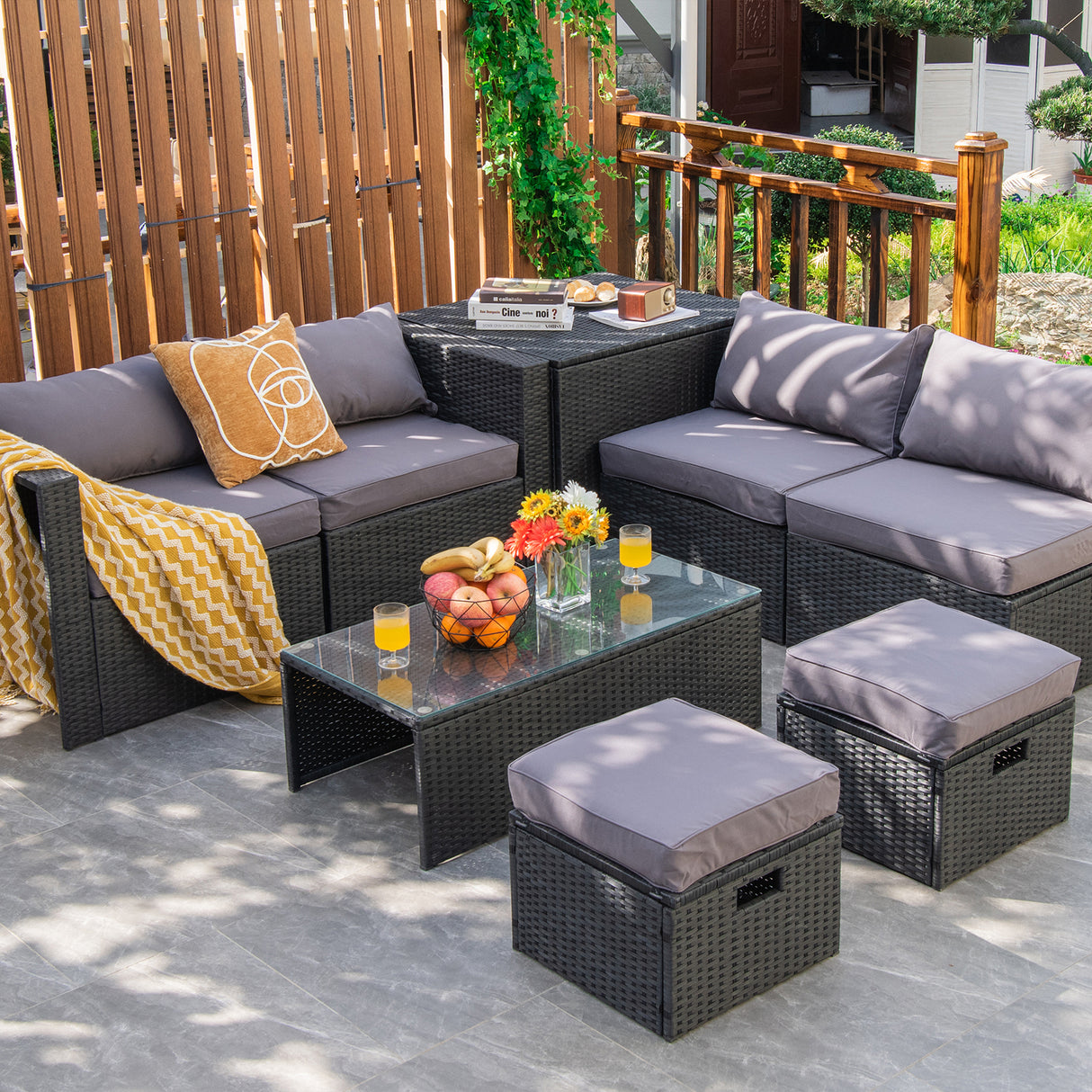 8 Pieces Patio Rattan Storage Table Furniture Set