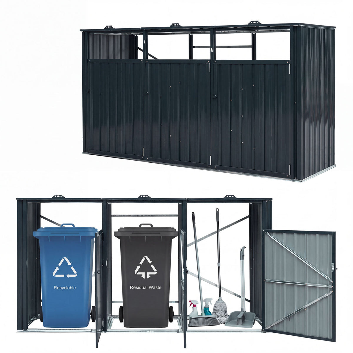 3-Bin Metal Trash Can Storage Shed with Flip-Up Lids for Yard-Dark Gray