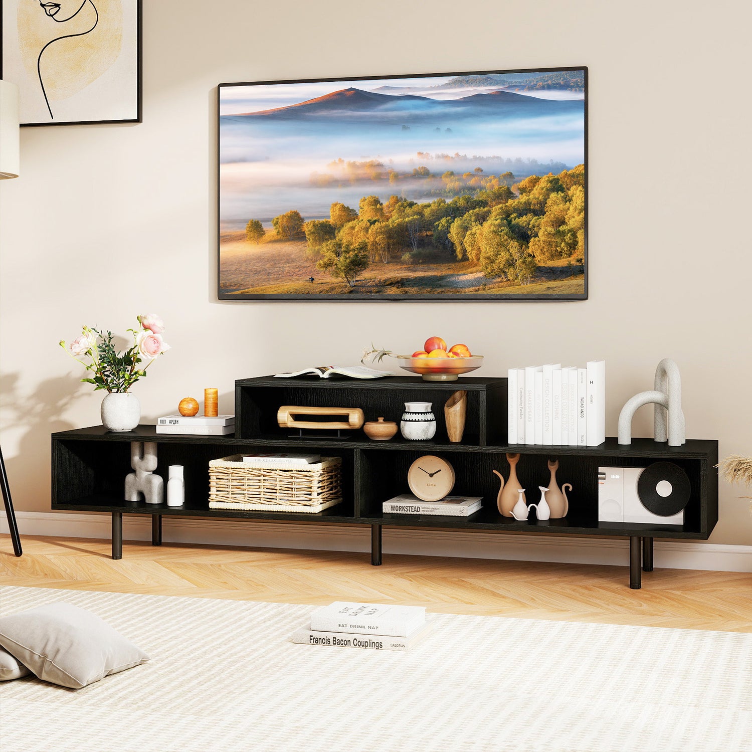 3 Cubby TV Stand for TVs up to 70 Inch with Open Storage Compartments