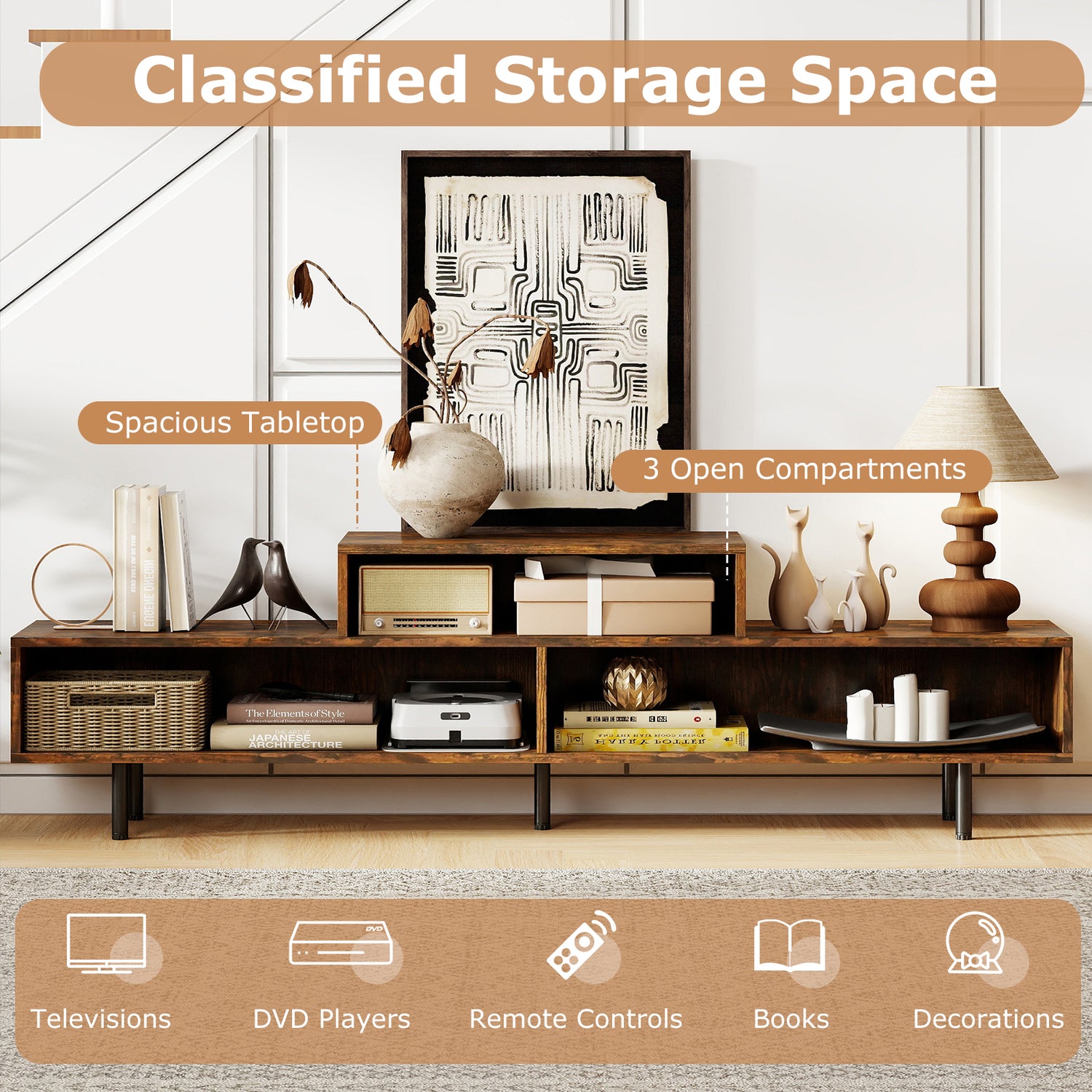 3 Cubby TV Stand for TVs up to 70 Inch with Open Storage Compartments