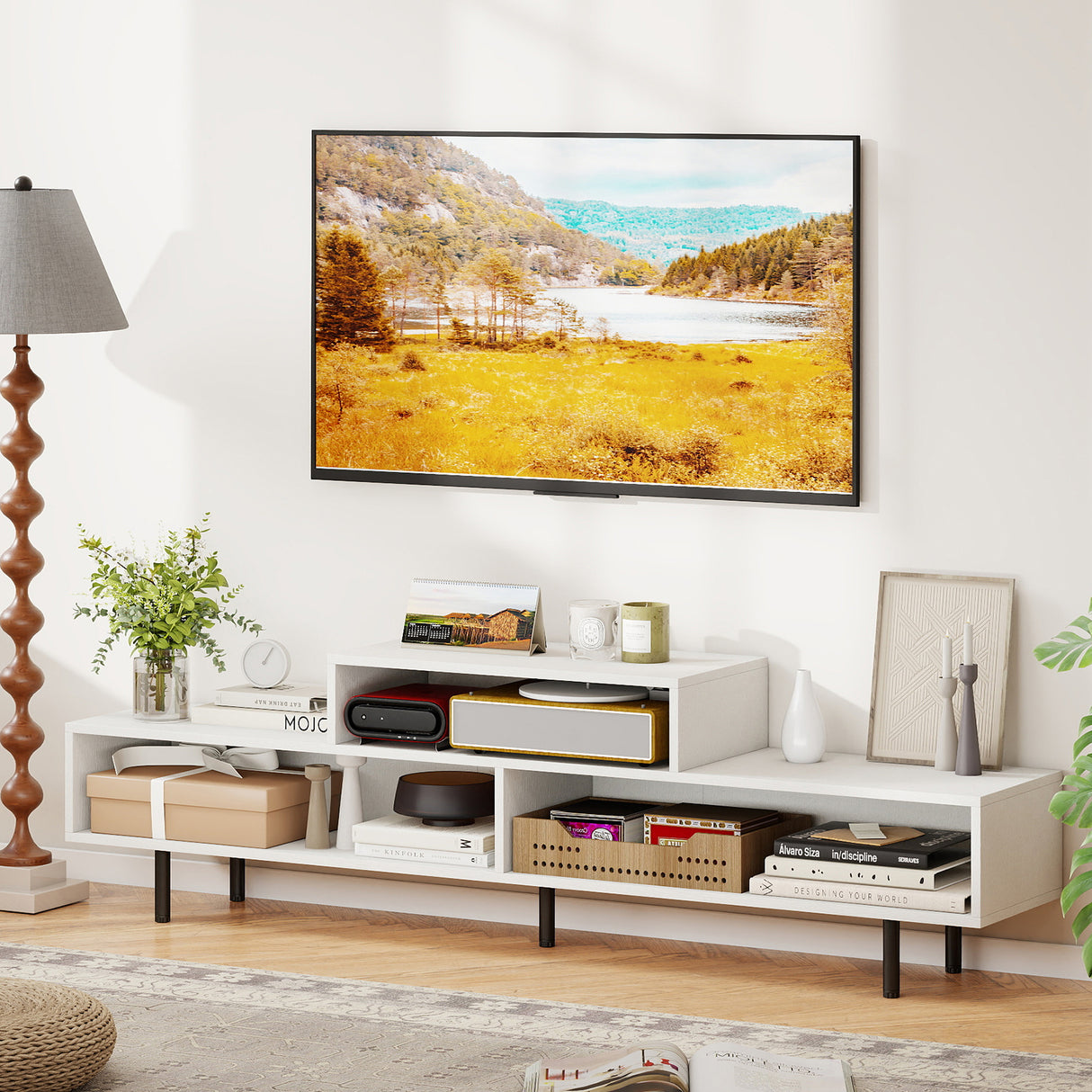 3 Cubby TV Stand for TVs up to 70 Inch with Open Storage Compartments