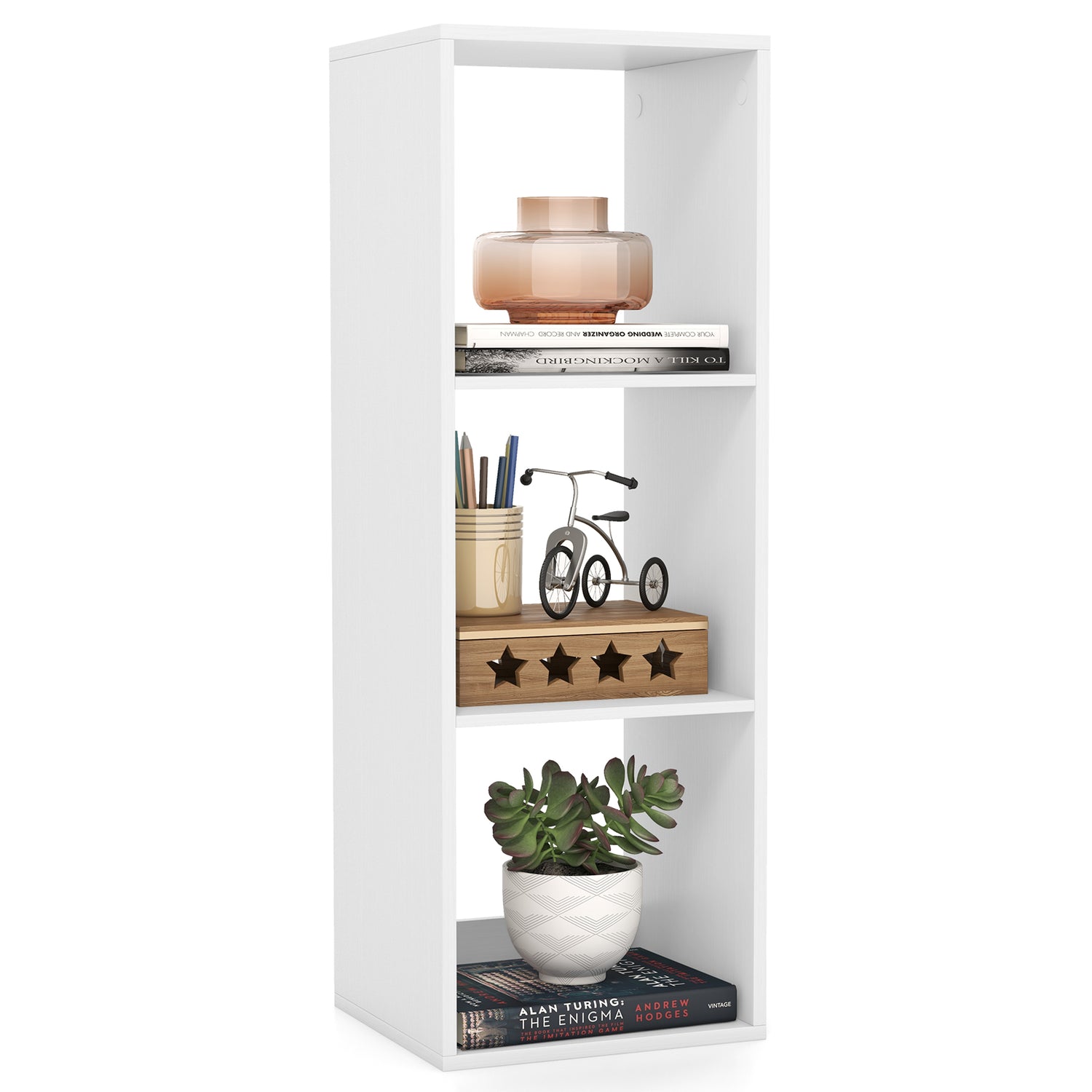 3 Cube Bookshelf with Back Guardrail for Living Room Bedroom-White