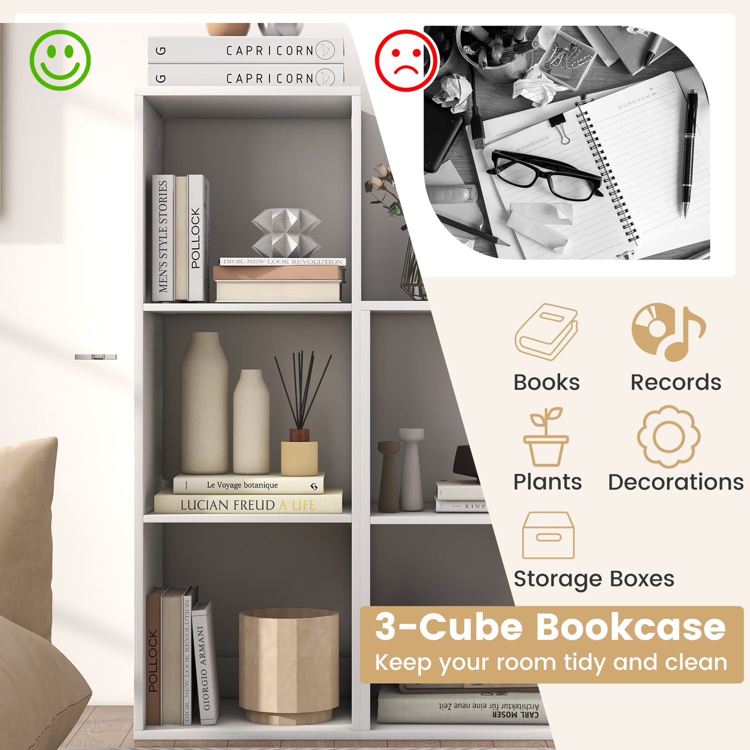 3 Cube Bookshelf with Back Guardrail for Living Room Bedroom-White