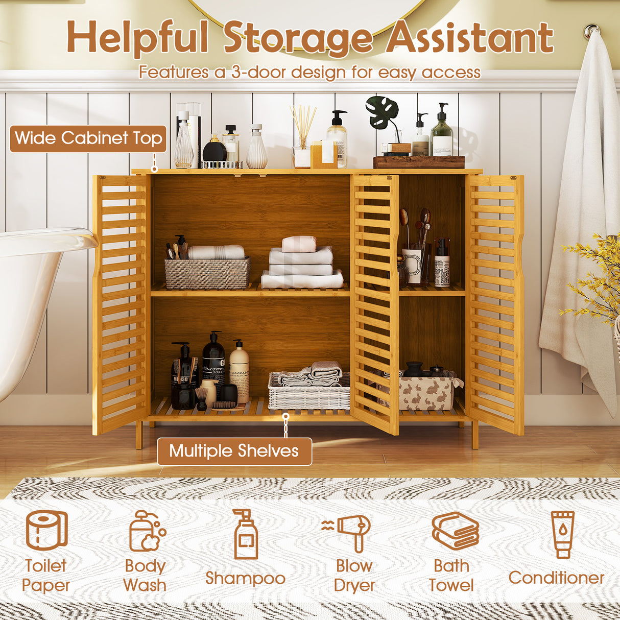 3-Door Bamboo Bathroom Cabinet with Shelves-Natural