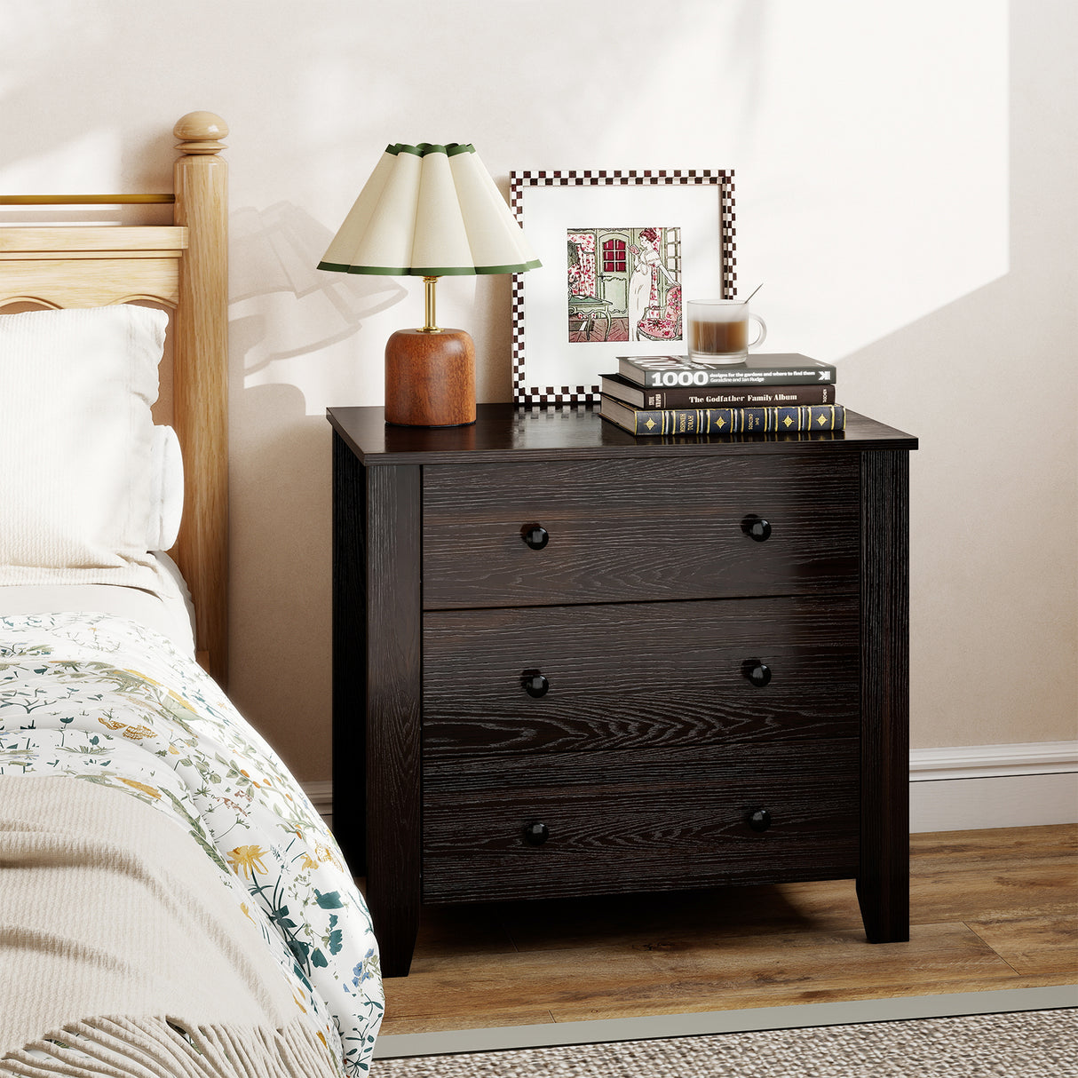 3-Drawer Dresser Wide Chest of Drawers Modern Large Nightstand Closet Storage Organizer-Dark Brown