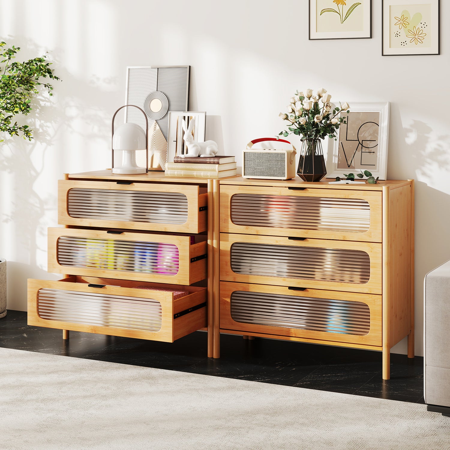 3 Drawer Mid Century Modern Chest of Drawers with Reeded Tempered Glass Front-Natural